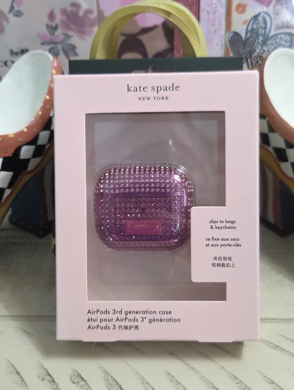 Kate Spade Gala Rhinestone Embossed Airpods Case, PINK NWT